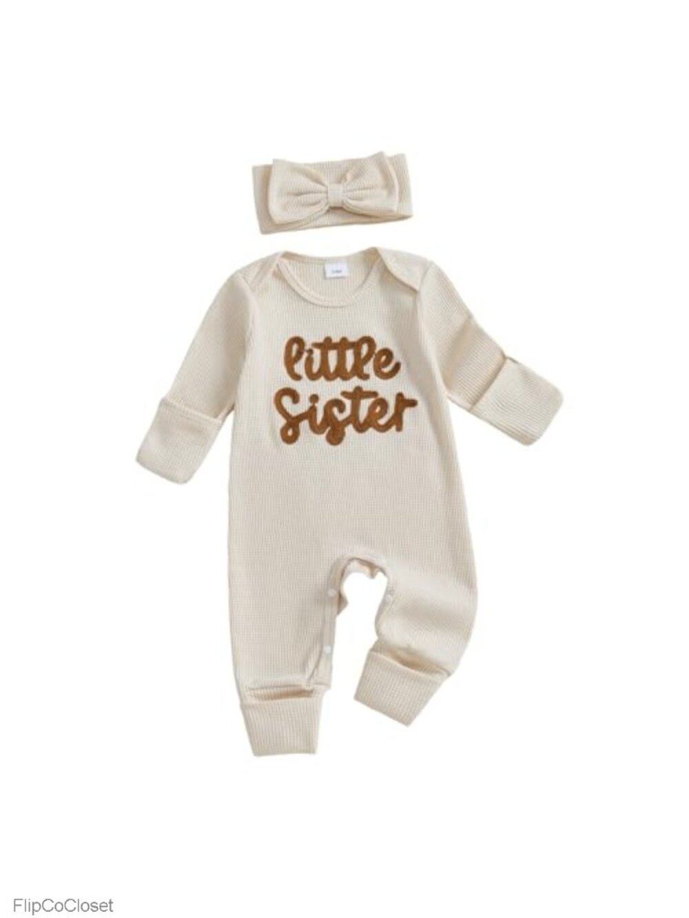 Baby Girl Romper Long Sleeve Letter Embroidery Snap Closure Headband